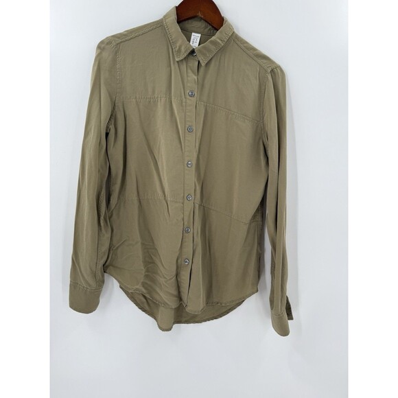 Spanx SILK Olive Green Button Down Long Sleeve Ladies Silk Shirt Size SMALL - Picture 1 of 11